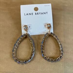 Lane Bryant Gold-Tone Teardrop Hoop Earrings w/Gray Beads & Crystals NWT